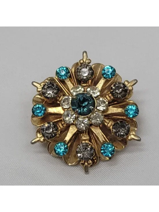 Vtg Gold-Tone Rhinestone Starburst Brooch Pin Turquoise & Clear Crystals Floral - Picture 7 of 10